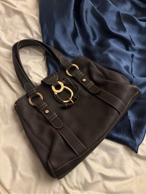 Bally Dark Brown Leather Shoulder Bag with Gold Rings